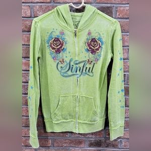 Buckle Sinful by Affliction Full Zip Sweatshirt Green Roses - Medium